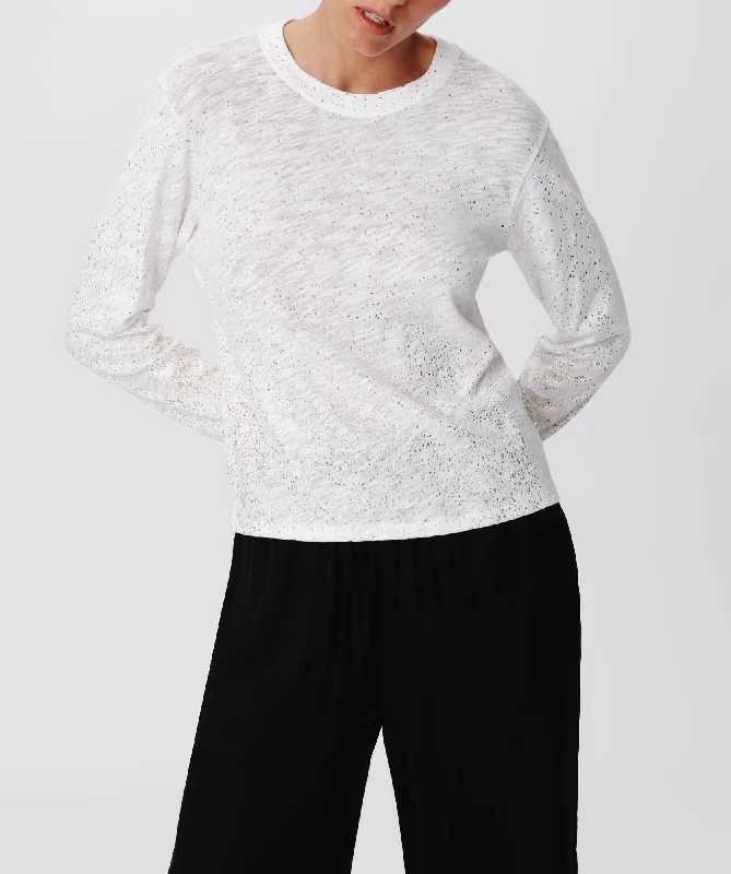 Slub Jersey with Foil Long Sleeve Crop Tee - White-Gold