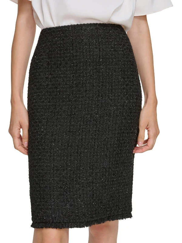 Petites Womens Tweed Metallic Pencil Skirt