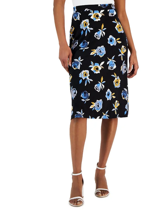 Womens Floral Print Knit Midi Skirt