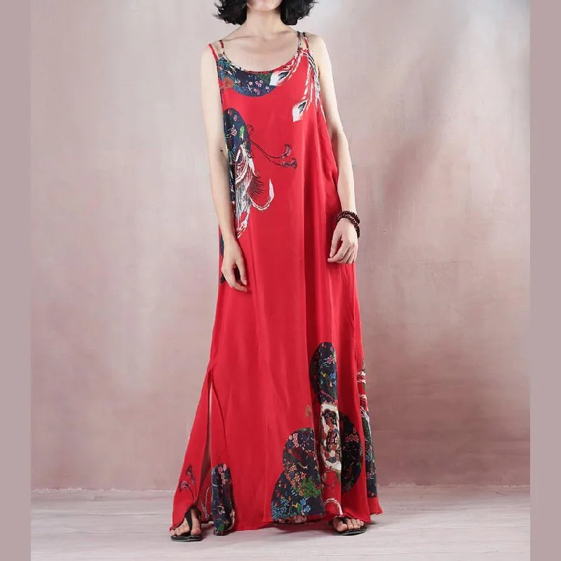 2018 women red print holiday dress o neck casual gowns  sleeveless gown a silk skirts maxi dress