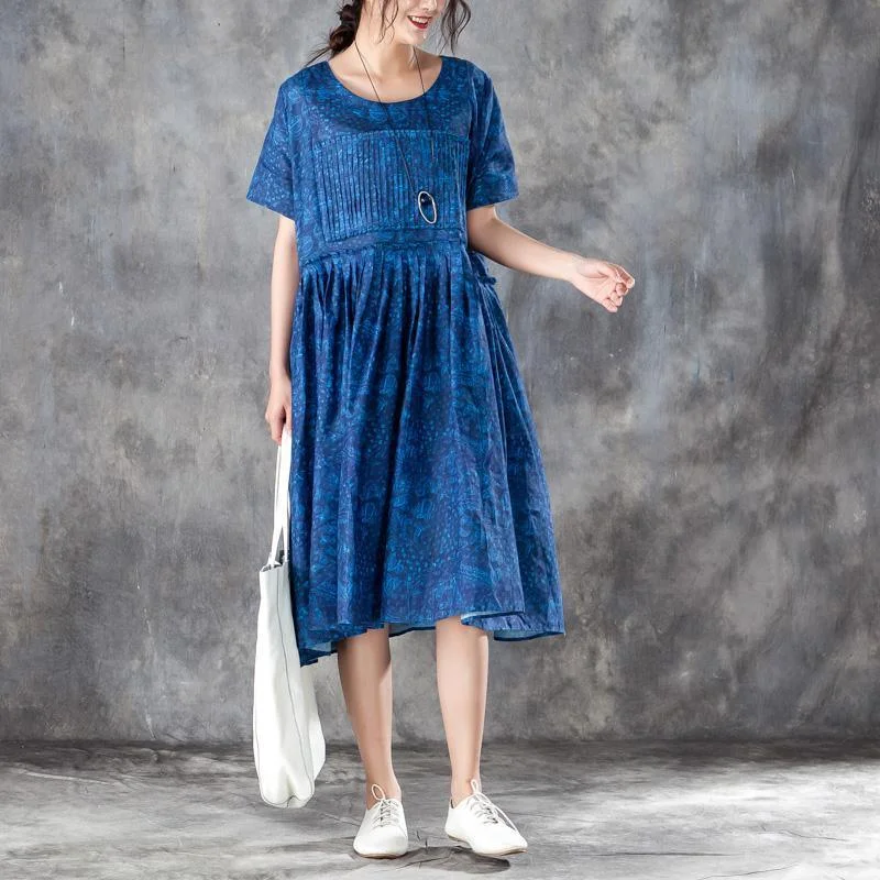 baggy silk linen summer dress oversize Women Pleated Short Sleeves Dress Blue Summer Skirt