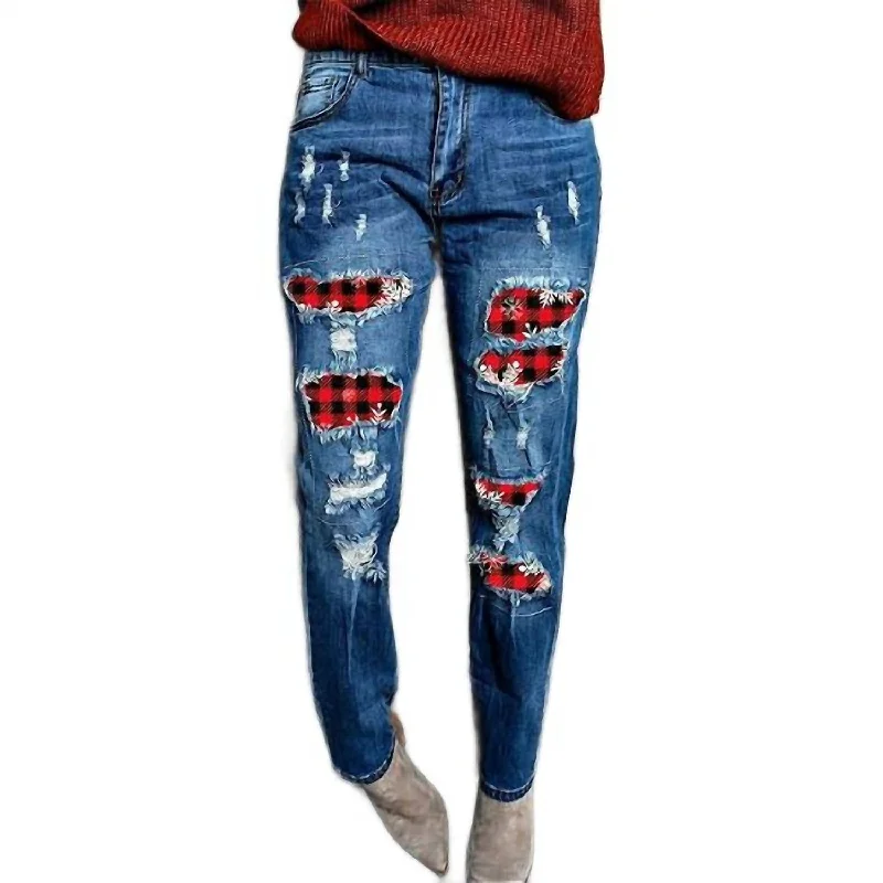 Distressed Jeans With Buffalo Plaid Patches In Blue