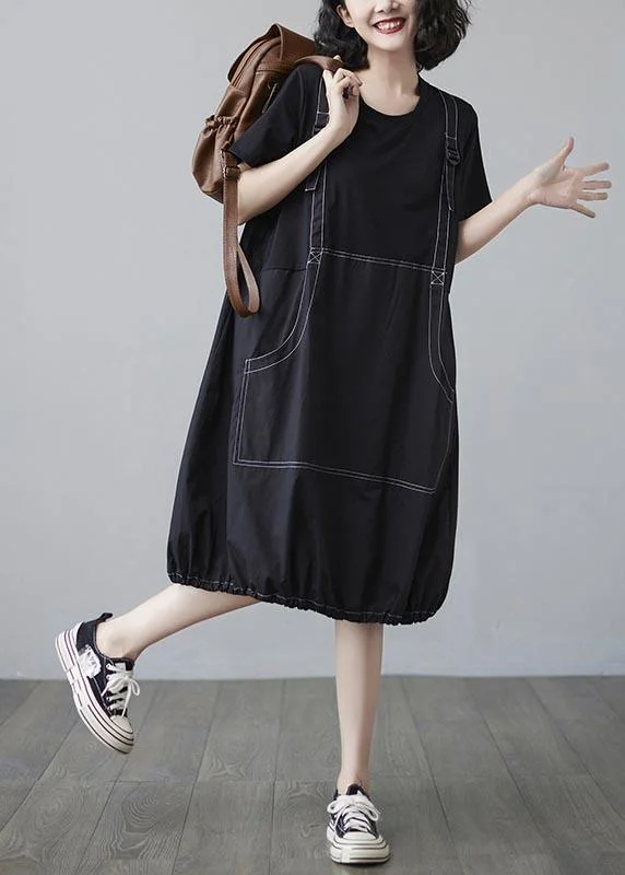 Summer Black Large Medium Length Skirt Fake Two Short Sleeve Dress