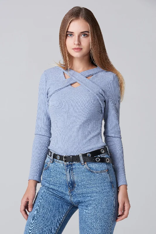 Blue Cross Body Sleeved Top