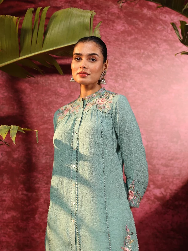 Mogra Turkish Green Crinkled Crepe Embroidered Shirt for Women