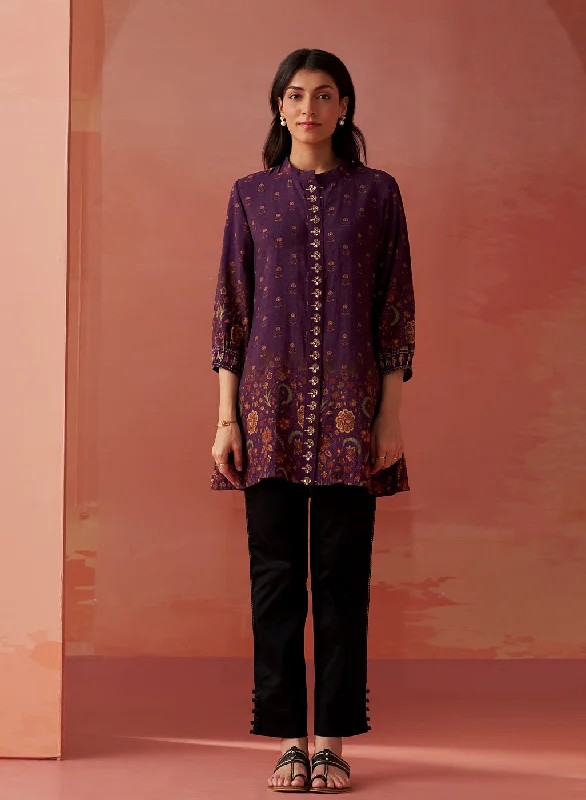 Zaina Purple Printed Cotton Modal Shirt for Women