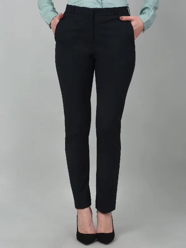 Women's Formal Flat Front Navy Blue Full length Mid rise Trousers