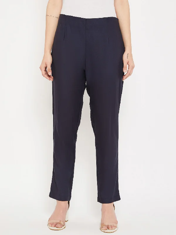 Women's Regular Slim Fit Navy Blue Flat Front Mid rise Pants