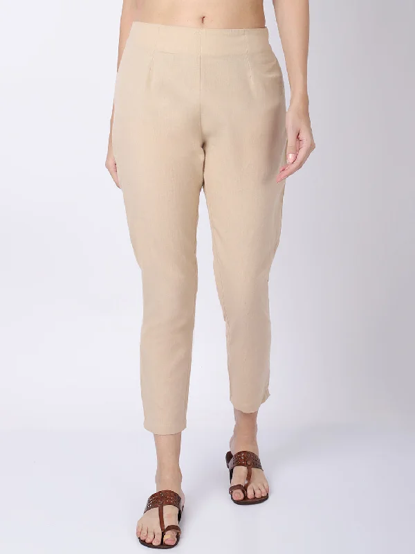 Women's Regular Regular Fit Beige Flat Front Mid rise Ethnic Pant