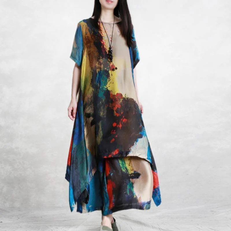 Loose blend silk short sleeve irregular long shirt wide leg pants 2019 summer