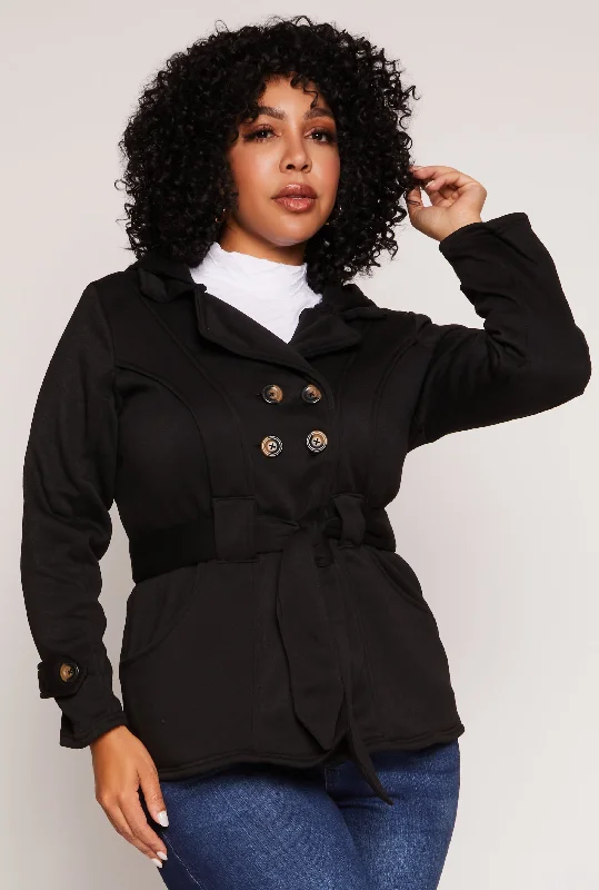 Plus Size Fleece Double Breast Belted Peacoat