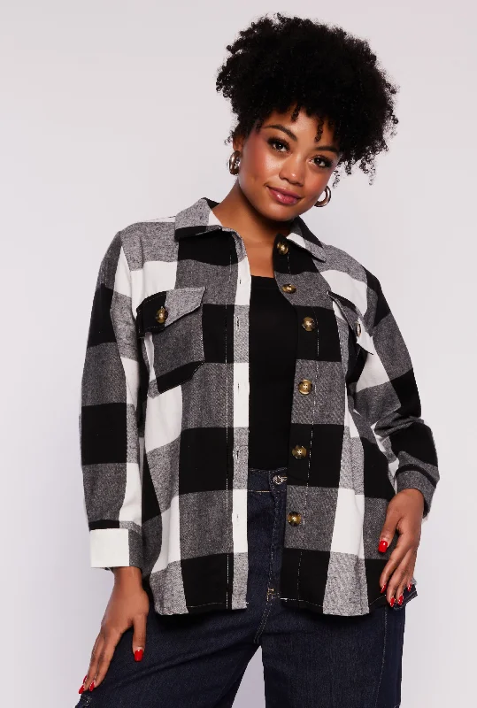 Plus Size Plaid Flannel Button Front Shacket