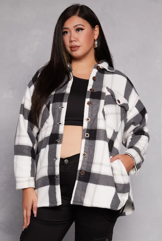 Plus Size Plaid Sherpa Lined Button Front Shacket