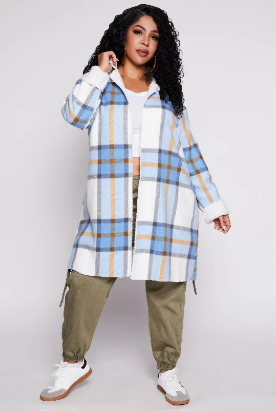 Plus Size Plaid Sherpa Lined Open Front Long Shacket