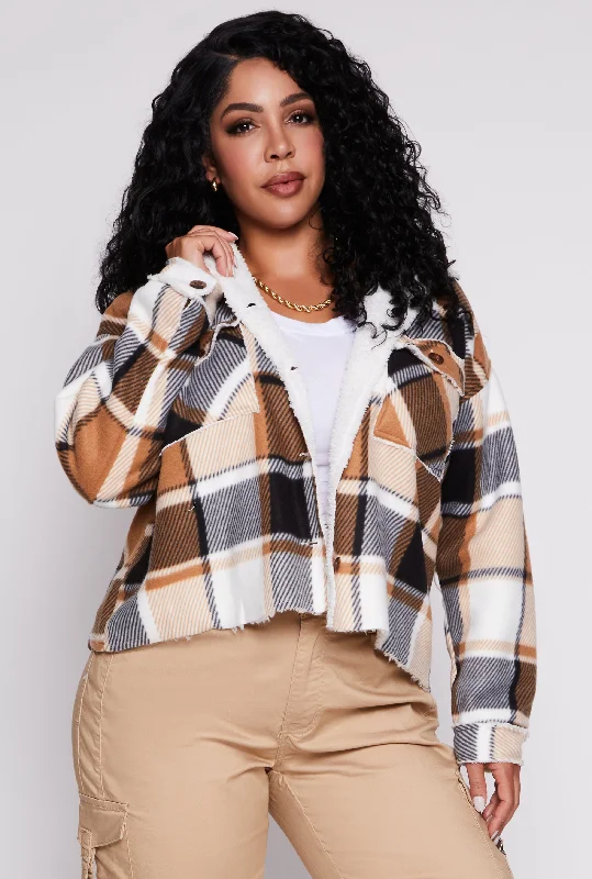 Plus Size Plaid Sherpa Lined Raw Hem Shacket