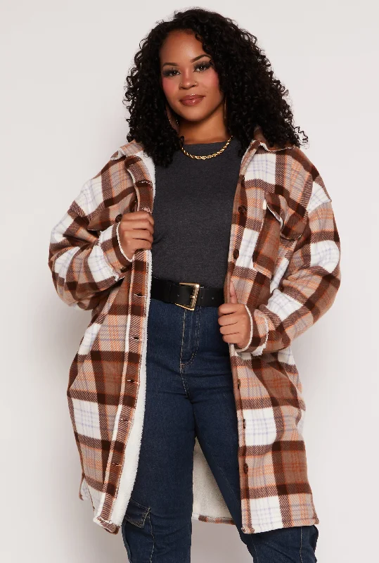 Plus Size Plaid Button Front Long Shacket