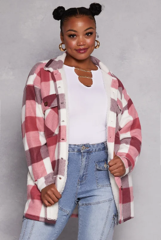 Plus Size Plaid Sherpa Lined Button Front Shacket