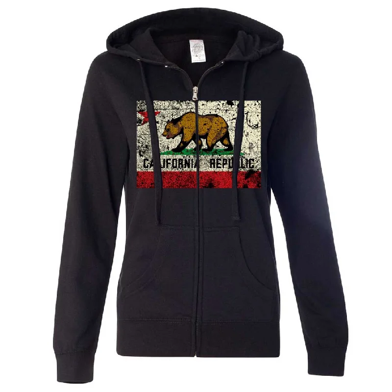 California State Flag Distressed Ladies Fitted Zip-Up Hoodie