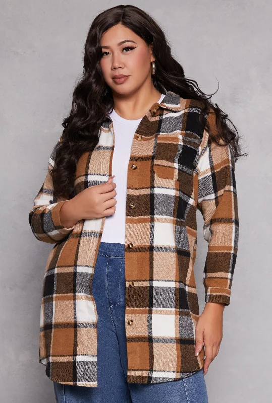 Plus Size Flannel Button Front Long Shacket