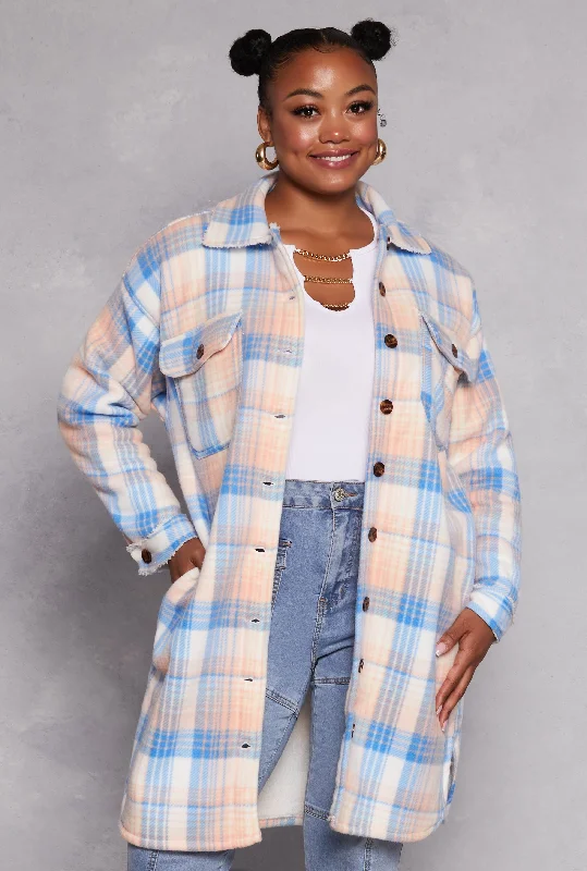 Plus Size Plaid Button Front Long Shacket