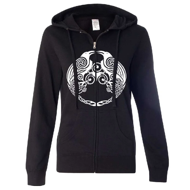 Dual Raven White Print Ladies Zip-Up Hoodie