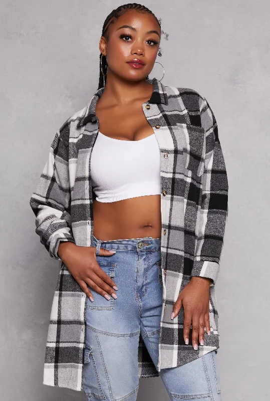 Plus Size Flannel Button Front Long Shacket