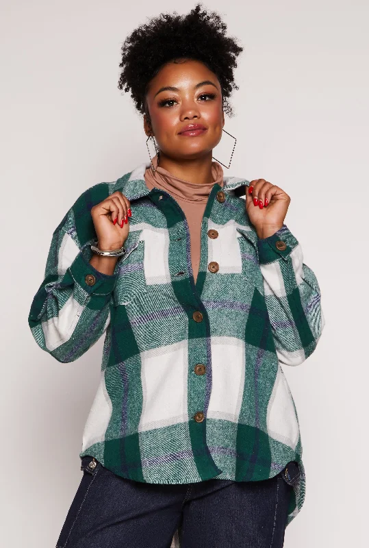 Plus Size Plaid Brushed Knit Flannel Shacket