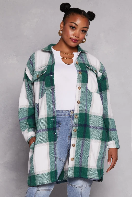 Plus Size Plaid Button Front Long Sleeve Shacket