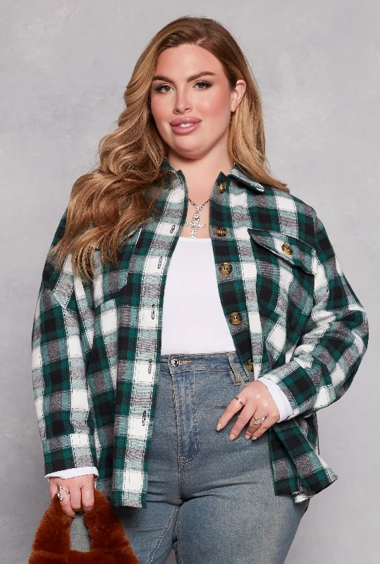 Plus Size Plaid Flannel Button Front Shacket