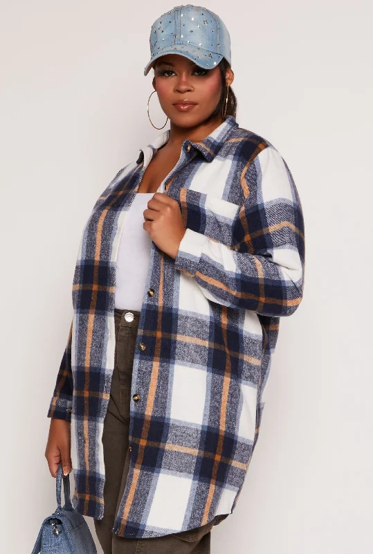 Plus Size Flannel Button Front Long Shacket