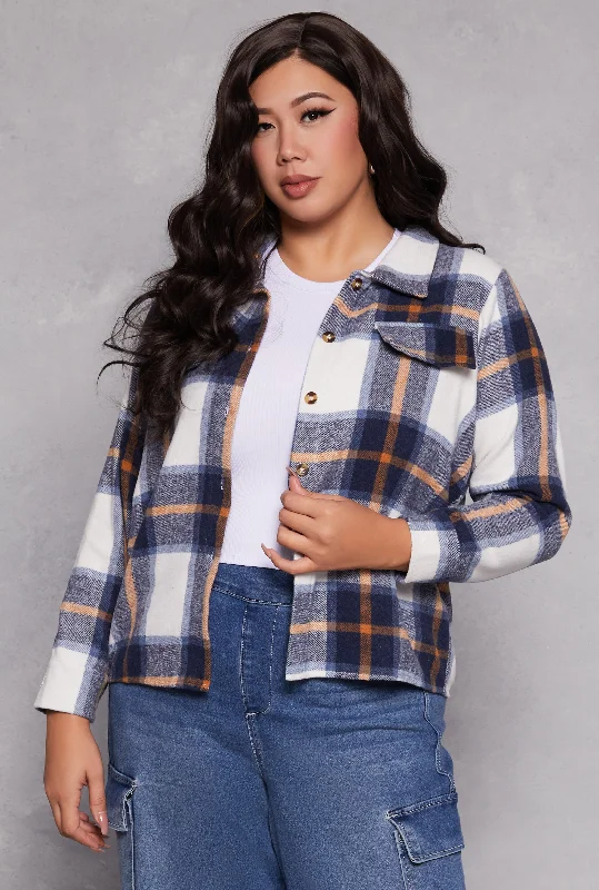 Plus Size Plaid Flap Detail Flannel Shacket