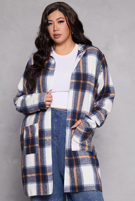 Plus Size Plaid Open Front Hooded Coat