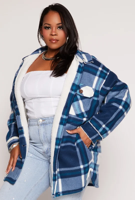 Plus Size Plaid Sherpa Lined Button Front Shacket