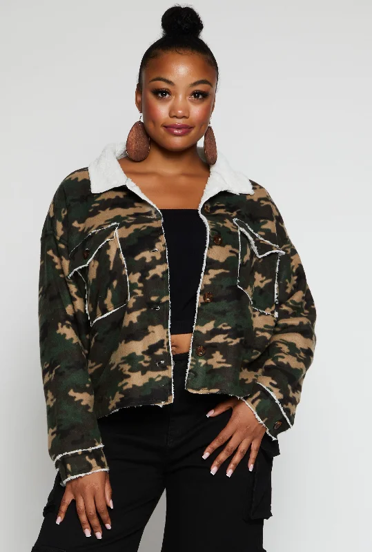 Plus Size Sherpa Lined Camo Shacket