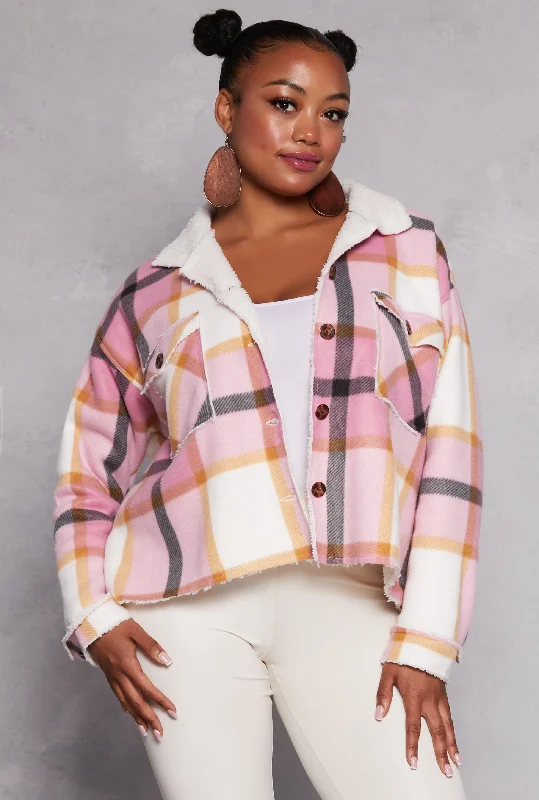 Plus Size Plaid Sherpa Lined Raw Hem Shacket