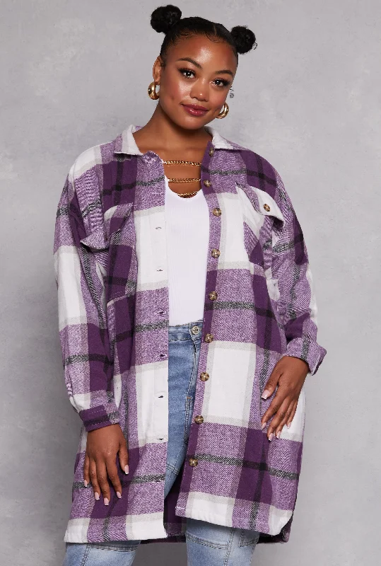 Plus Size Plaid Button Front Long Sleeve Shacket