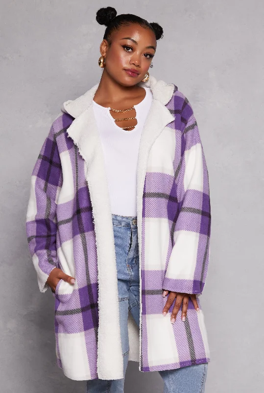 Plus Size Plaid Sherpa Lined Long Hooded Shacket