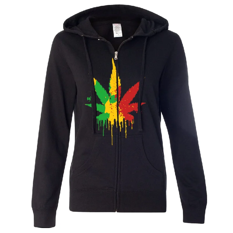 Rasta Pot Leaf Ladies Lightweight Fitted Zip-Up Hoodie