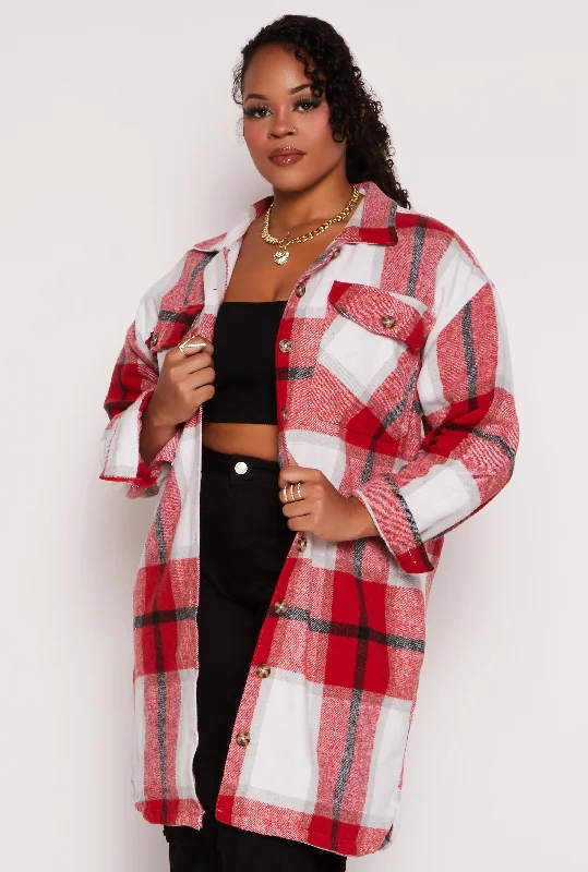 Plus Size Plaid Button Front Long Sleeve Shacket