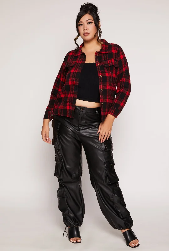 Plus Size Plaid Flap Detail Flannel Shacket