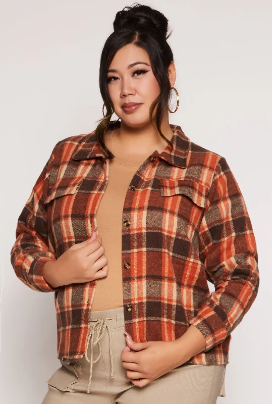 Plus Size Plaid Flap Detail Flannel Shacket