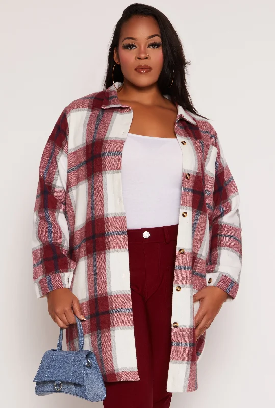 Plus Size Flannel Button Front Long Shacket