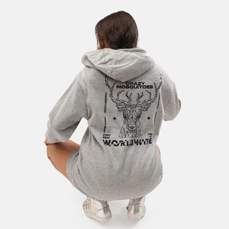 Worldwide Long Fleece Hoodie in Grey Melange