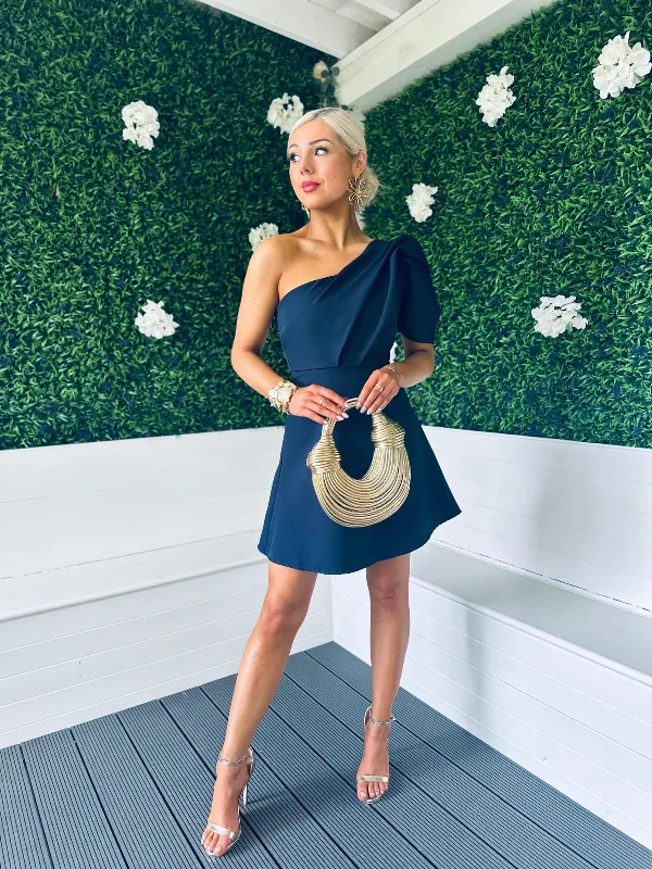 Caroline One Shoulder Occasion Mini Dress Navy