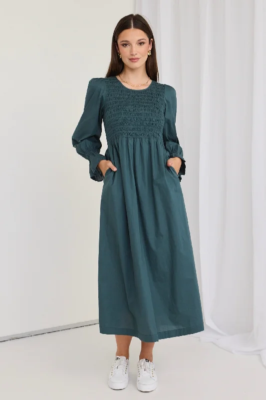 Lark Forest Cotton LS Shirred Bodice Midi Dress