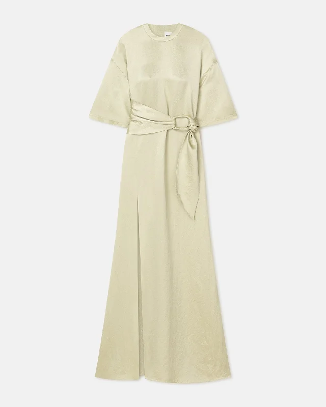 Maelys - Belted Crinkled-Satin Maxi Dress - Green Tea