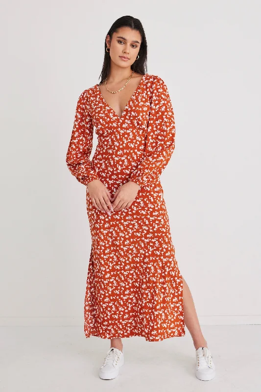 Phoenix Copper Ditsy Ls Bias Midi Dress