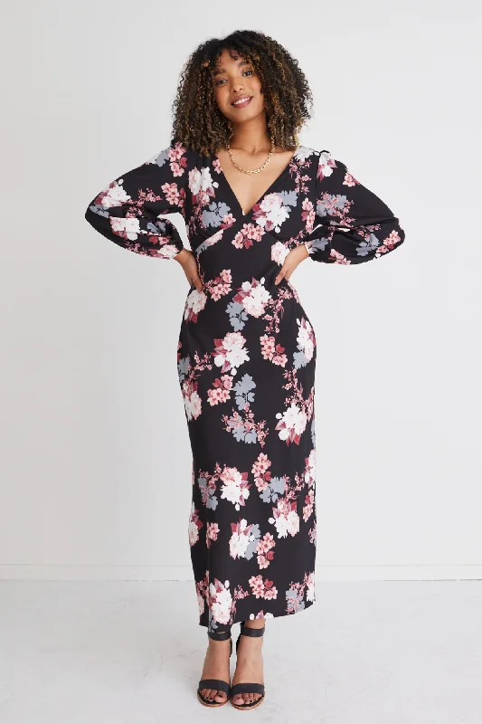 Phoenix Pink Vintage Floral Satin Ls Empire Bias Midi Dress