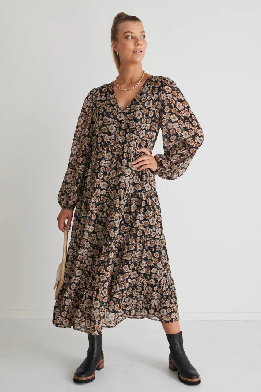 Rory Black Gold Floral Ls V Neck Tiered Maxi Dress