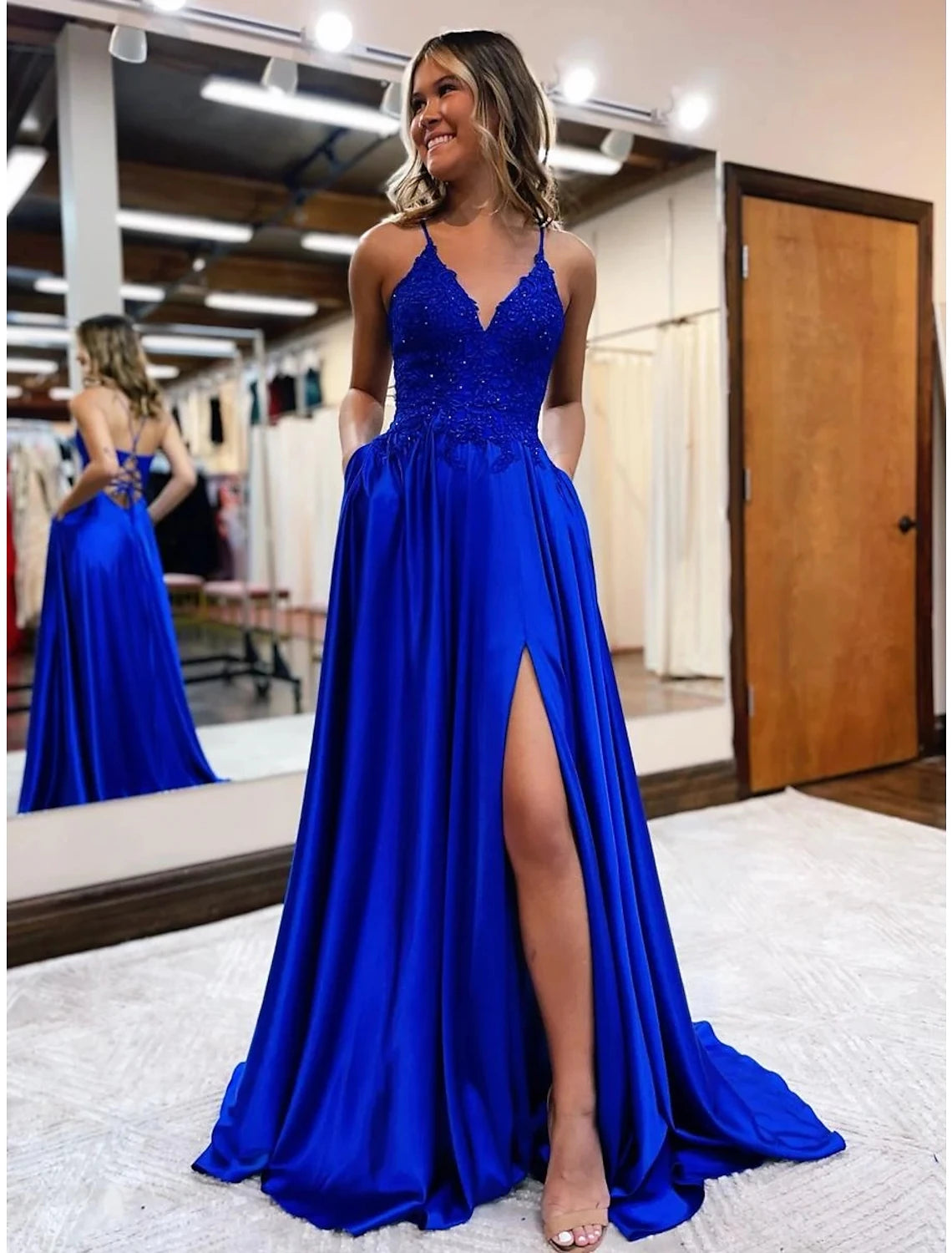 A-Line Prom Dresses Empire Dress Formal Wedding Guest Court Train Sleeveless V Neck Satin Backless with Beading Appliques